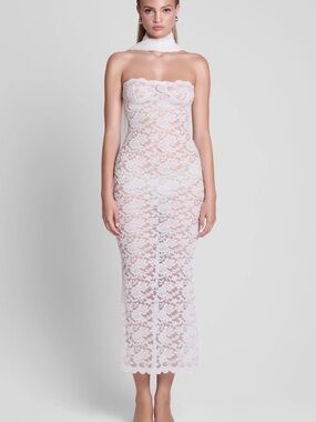 Leau Scalloped Lace Strapless Midi Dress